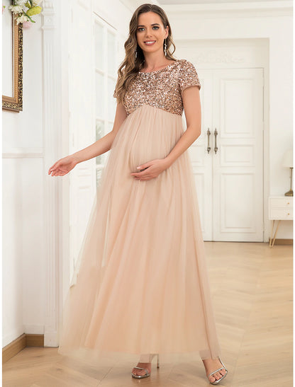 Wholesale A-Line Party Dresses Maternity Dress Party Wear Ankle Length Short Sleeve Jewel Neck Tulle with Sequin