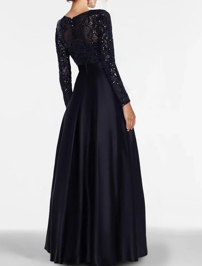 Wholesa A-Line Evening Gown Elegant Dress Formal Black Tie Floor Length Long Sleeve Off Shoulder Fall Wedding Guest Satin with Slit Pocket