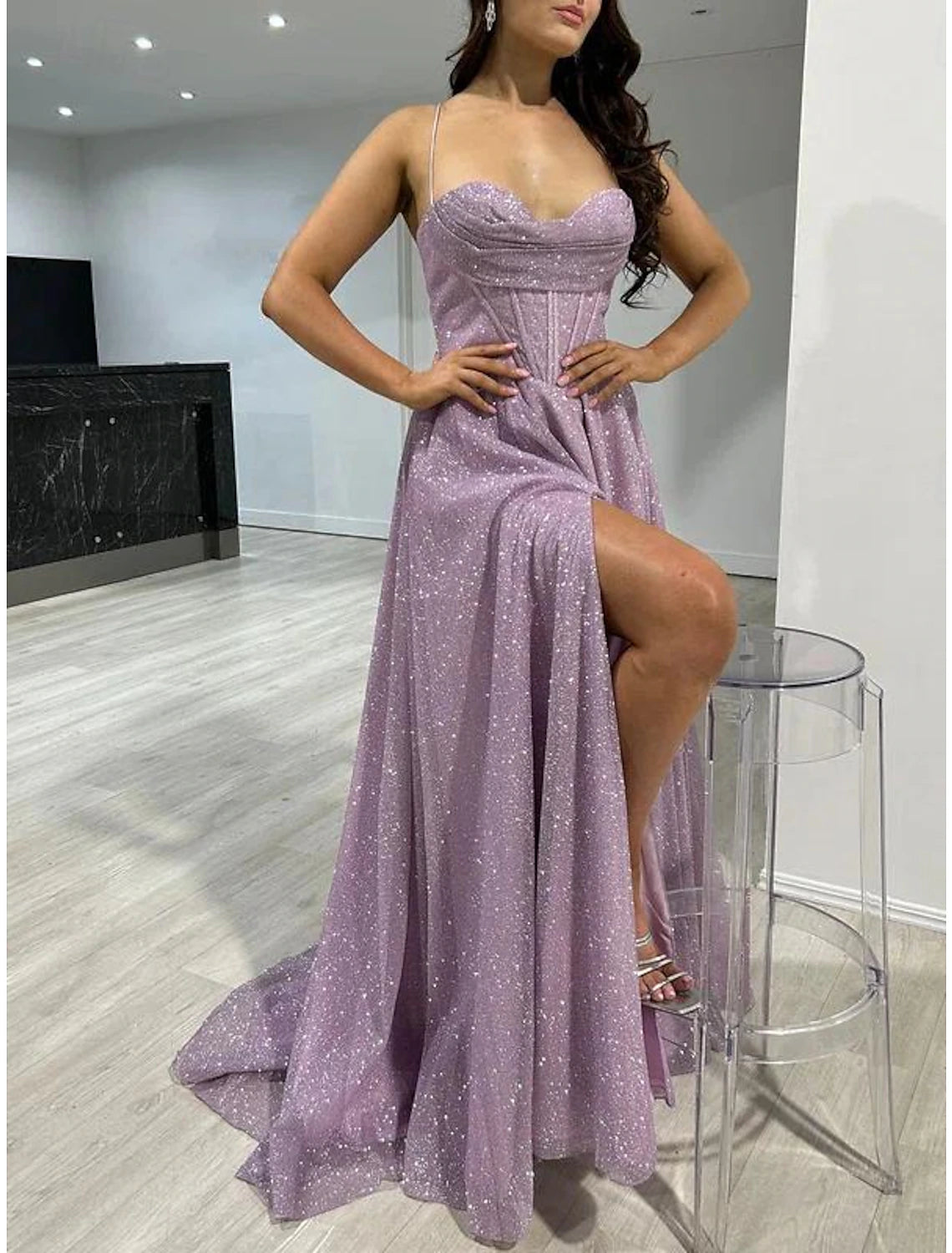 Wholesa A-Line Prom Dresses Corsets Dress Wedding Guest Wedding Party Sweep / Brush Train Sleeveless Spaghetti Strap Fall Wedding Reception Tulle with Glitter Pleats