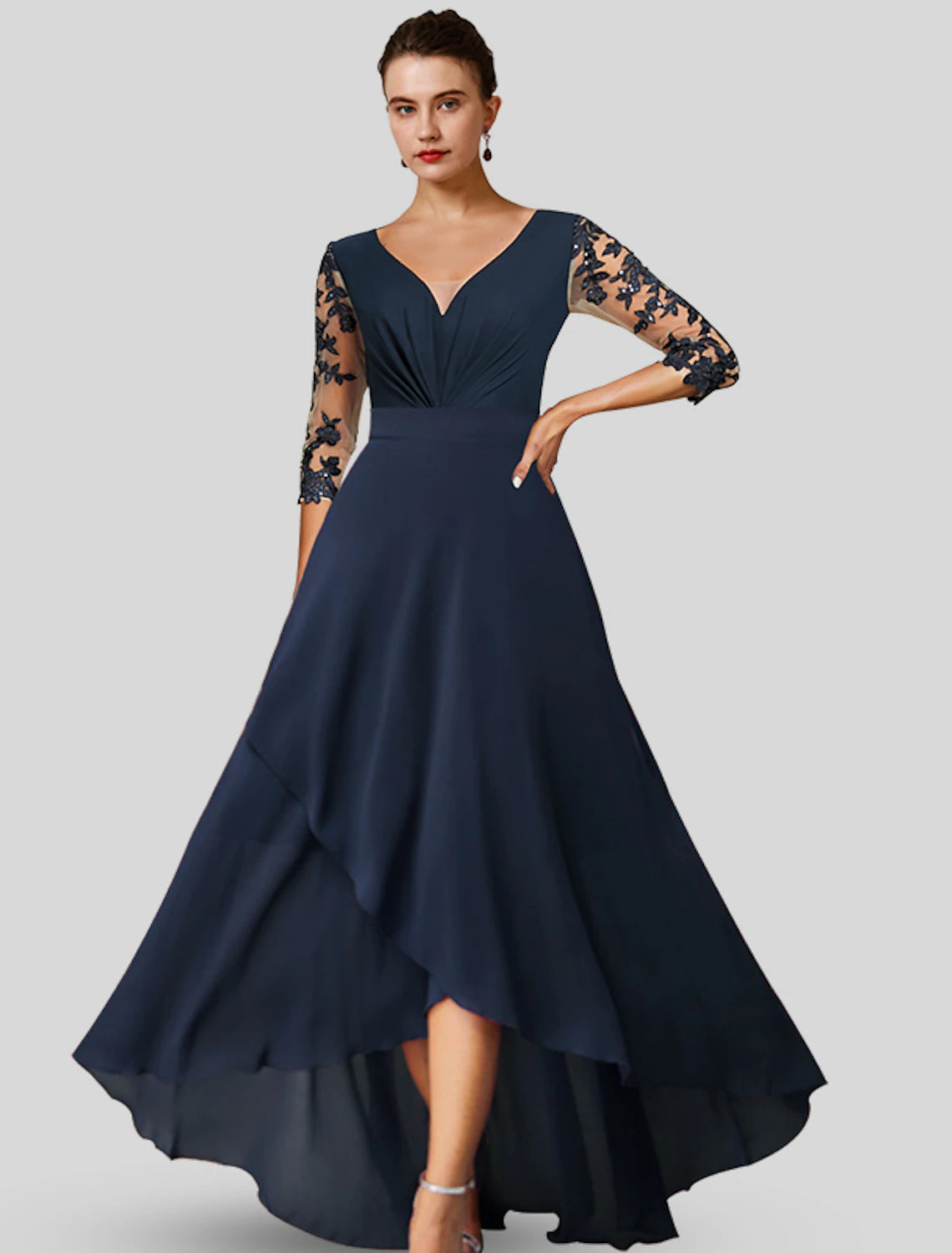 Wholesa  A-Line Mother of the Bride Dress Wedding Guest Elegant High Low V Neck Asymmetrical Tea Length Chiffon Lace 3/4 Length Sleeve with Appliques