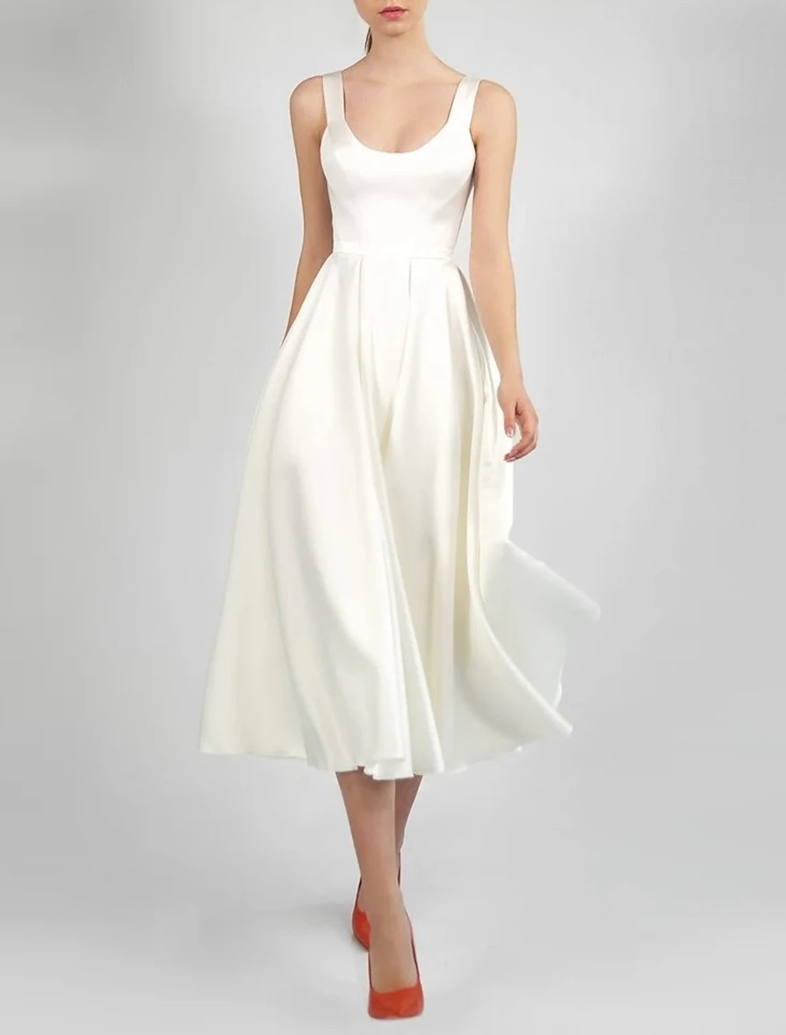 Wholesa Hall Little White Dresses Wedding Dresses A-Line Scoop Neck Sleeveless Tea Length Satin Bridal Gowns With Pleats Solid Color