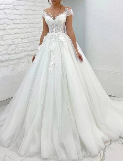 Wholesa Formal Wedding Dresses Ball Gown V Neck Cap Sleeve Chapel Train Lace Bridal Gowns With Appliques