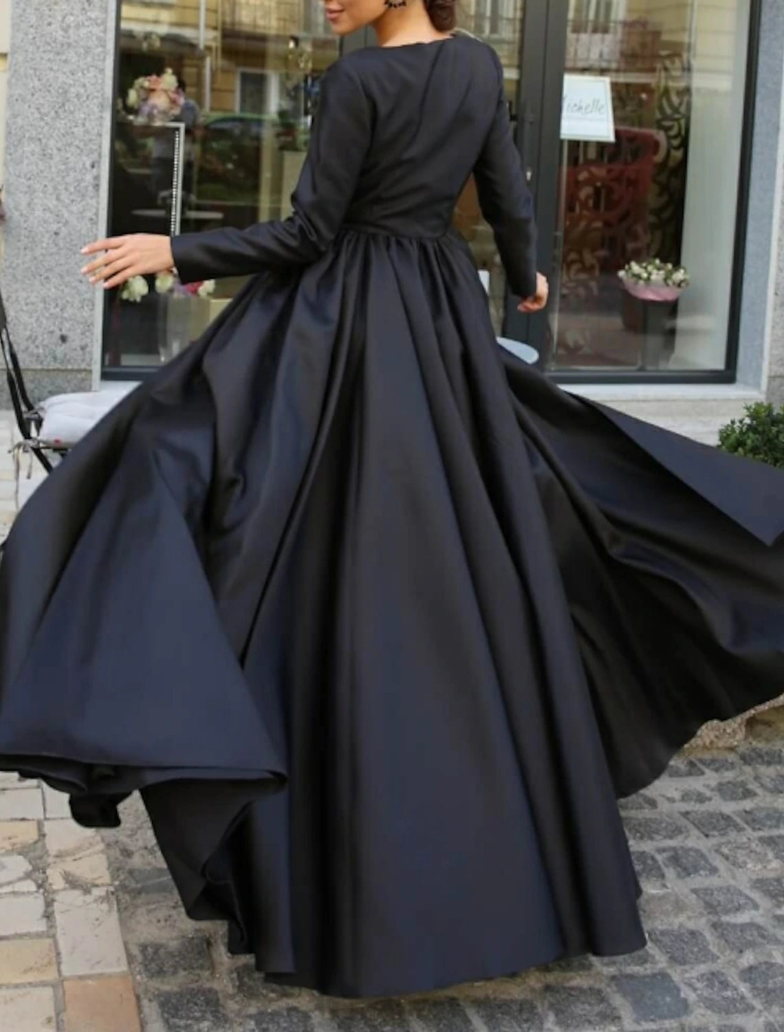 Wholesa Ball Gown Evening Gown Black Dress Vintage Halloween Wedding Party Sweep / Brush Train Long Sleeve Illusion Neck Wednesday Addams Family Satin with Slit Overskirt