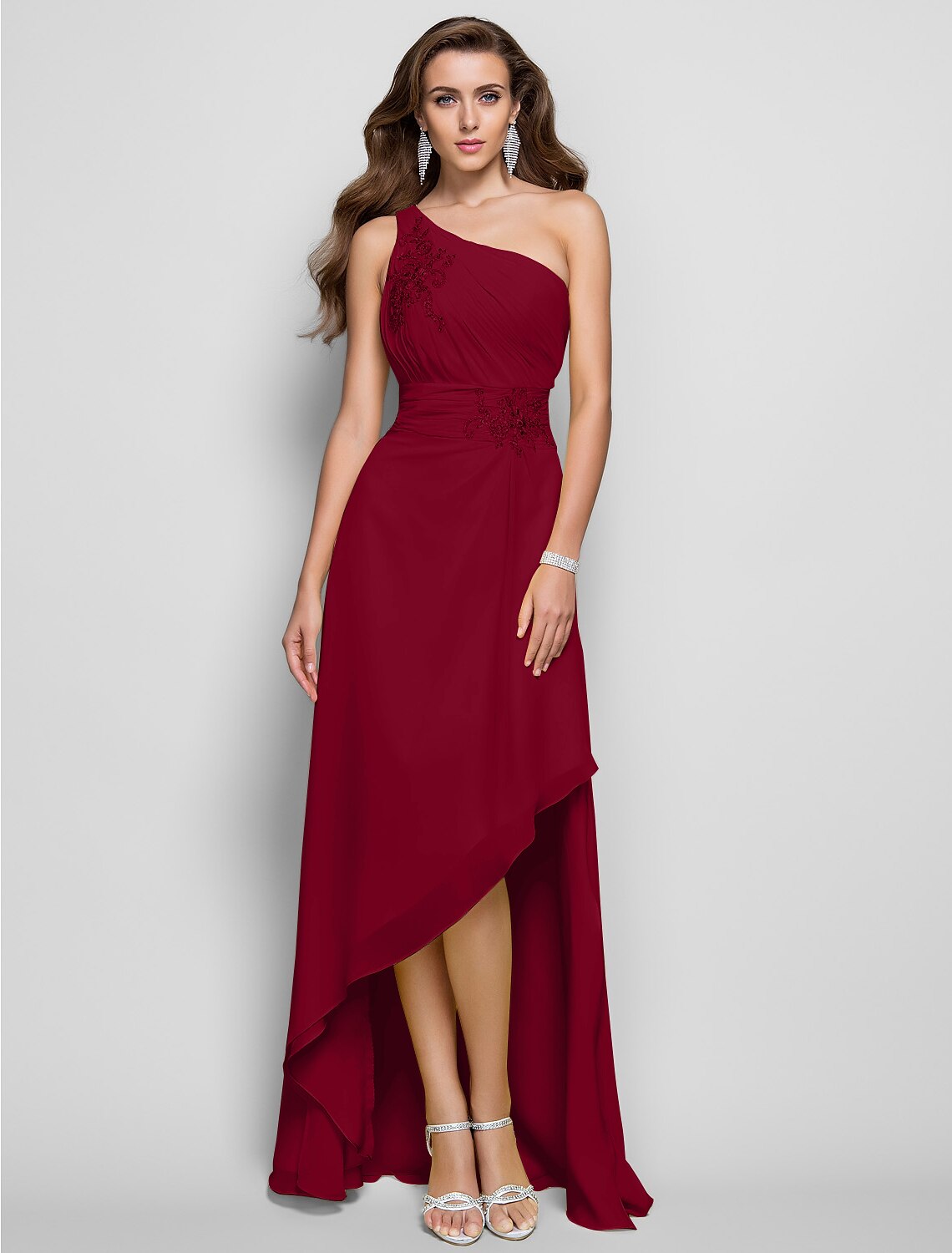 Wholesa Sheath / Column Elegant Dress Wedding Guest Cocktail Party Asymmetrical Sleeveless One Shoulder Bridesmaid Dress Chiffon with Beading Slit Appliques