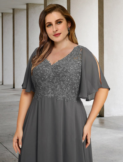 Wholesa A-Line Mother of the Bride Dresses Plus Size Hide Belly Curve Elegant Dress Formal Floor Length Short Sleeve V Neck Chiffon with Pleats Appliques