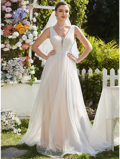 Wholesale Reception Casual Wedding Dresses A-Line V Neck Sleeveless Sweep / Brush Train Tulle Bridal Gowns With Lace Embroidery Summer Wedding Party