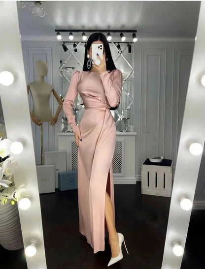 Wholesa Sheath Party Dress Evening Gown Elegant Dress Wedding Guest Fall Floor Length Long Sleeve High Neck Bridesmaid Dress Satin with Ruched