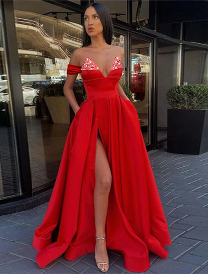 Wholesa A-Line Evening Gown Sexy Dress Wedding Guest Prom Floor Length Short Sleeve V Neck Satin with Beading Slit