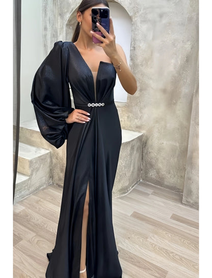 Wholesa A-Line Evening Gown High Split Dress Formal Fall Sweep / Brush Train Long Sleeve One Shoulder Satin with Pleats Crystals Slit