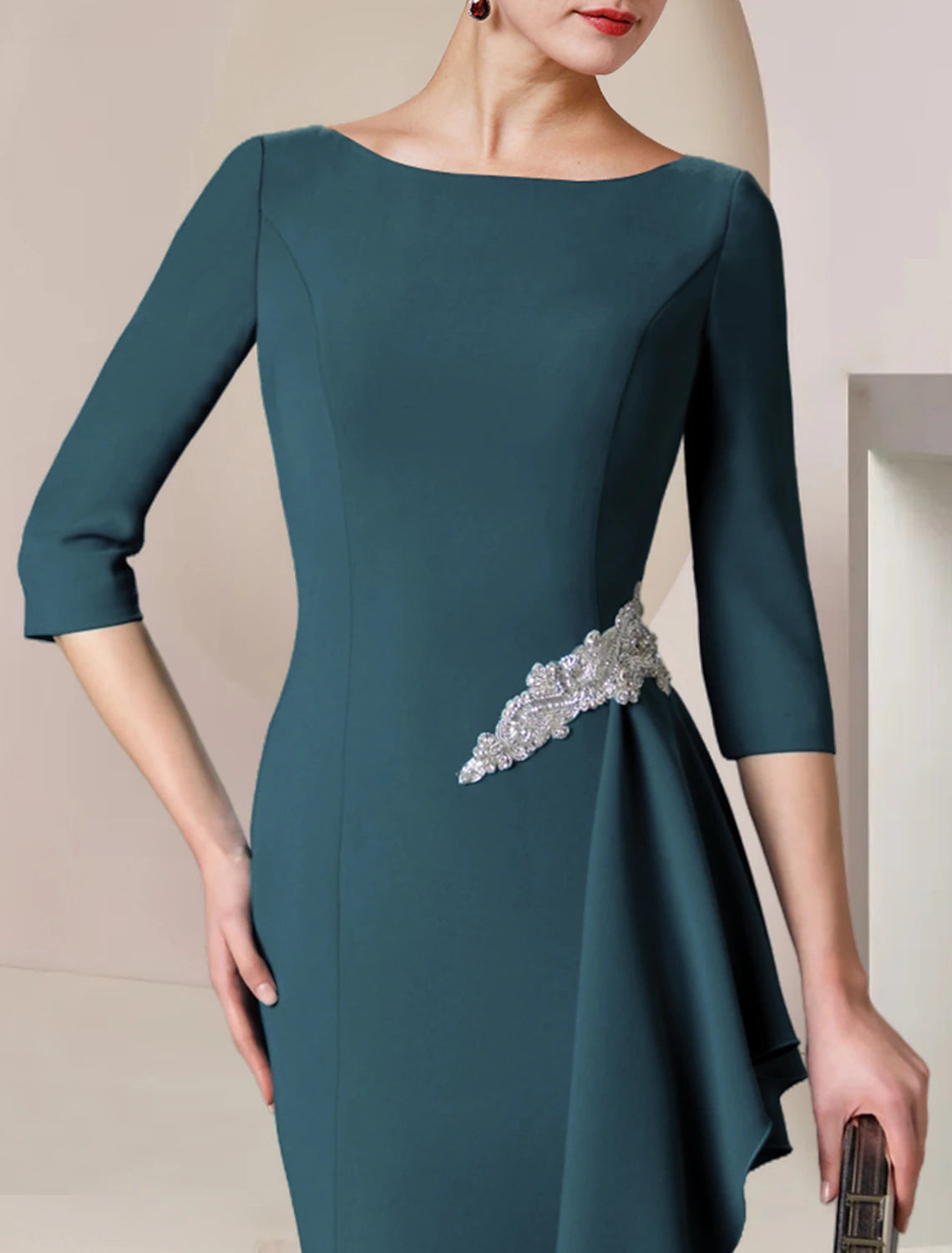 Wholesa  Sheath / Column Mother of the Bride Dress Wedding Guest Party Elegant Scoop Neck Floor Length Stretch Fabric 3/4 Length Sleeve with Crystal Brooch Ruching