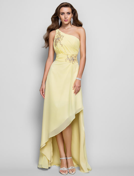 Wholesale Sheath / Column Elegant Dress Wedding Guest Asymmetrical Sleeveless One Shoulder Chiffon with Beading Slit Appliques