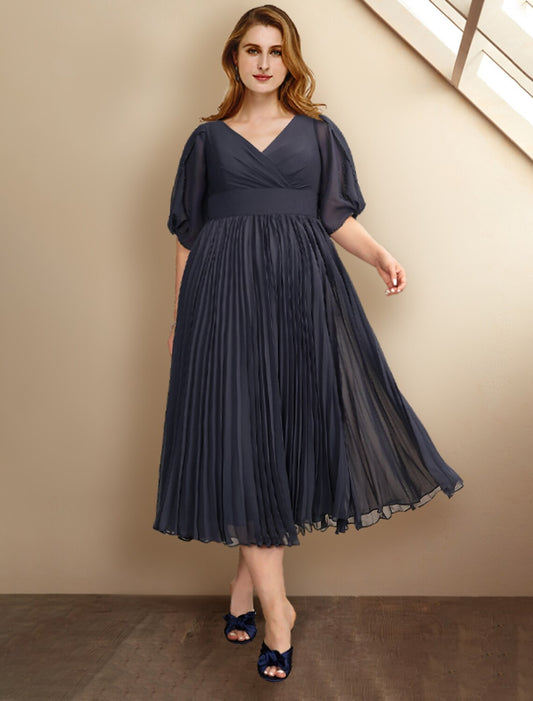 Wholesa A-Line Mother of the Bride Dresses Plus Size Hide Belly Curve Elegant Dress Formal Tea Length Short Sleeve V Neck Chiffon with Pleats