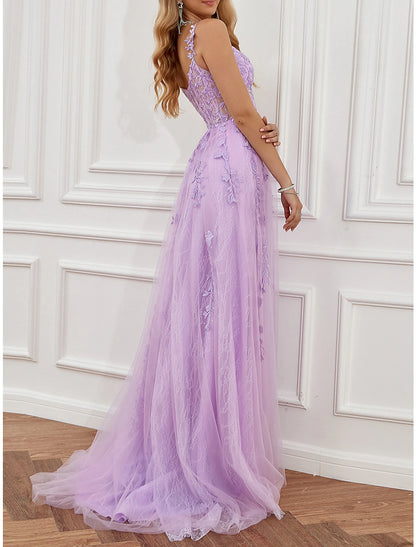 Wholesa A-Line Prom Party Dress See Through Dress Formal Prom Sweep / Brush Train Sleeveless Sweetheart Tulle Backless with Beading Slit Appliques