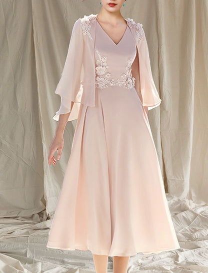 Wholesa  Two Piece A-Line Mother of the Bride Dress Wedding Guest Church Elegant V Neck Tea Length Chiffon Sleeveless Wrap Included with Appliques