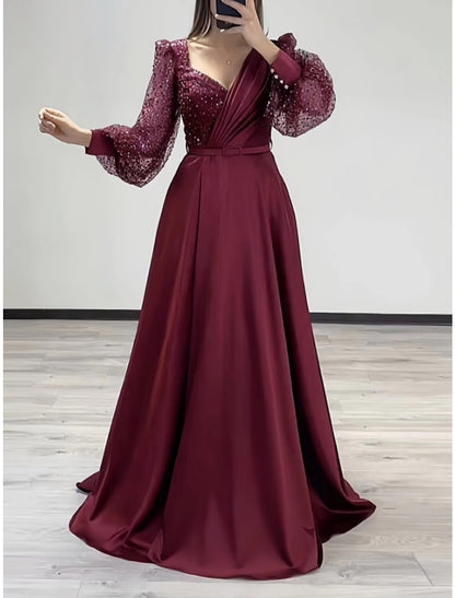 Wholesa A-Line Evening Gown Elegant Dress Formal Fall Sweep / Brush Train Long Sleeve V Neck Satin with Glitter Pleats Strappy