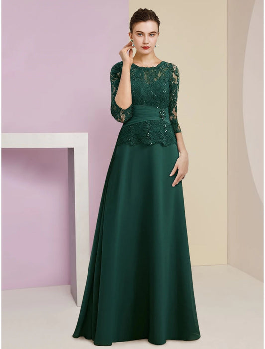 Wholesa  A-Line Mother of the Bride Dress Wedding Guest Elegant Scoop Neck Floor Length Stretch Chiffon 3/4 Length Sleeve with Lace Sequin Ruching