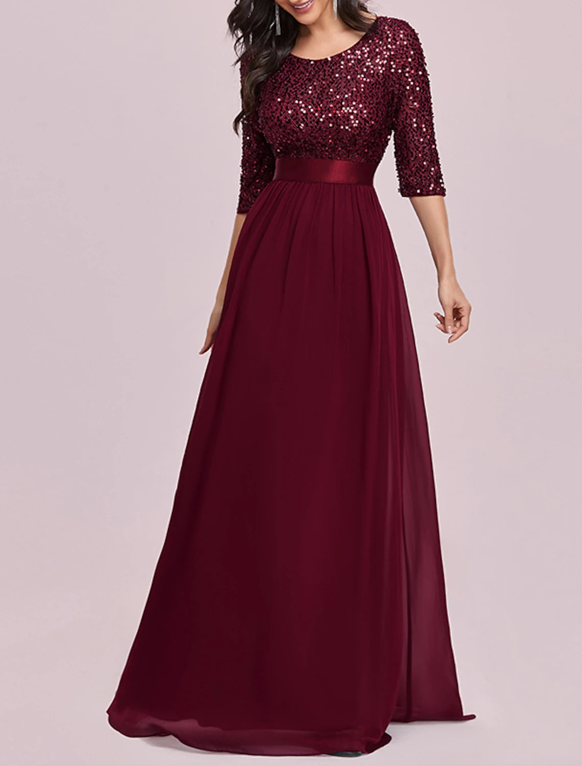 wholesale  A-Line Mother of the Bride Dress Wedding Guest Plus Size Elegant Jewel Neck Floor Length Tulle Sequined 3/4 Length Sleeve with Sequin Fall