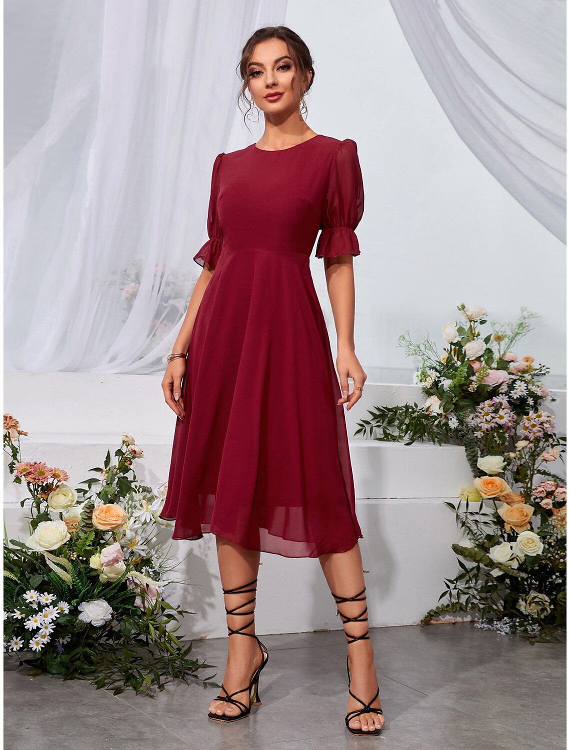 Wholesale A-Line Wedding Guest Dresses Elegant Dress Holiday Tea Length Half Sleeve Jewel Neck Chiffon with Fringe