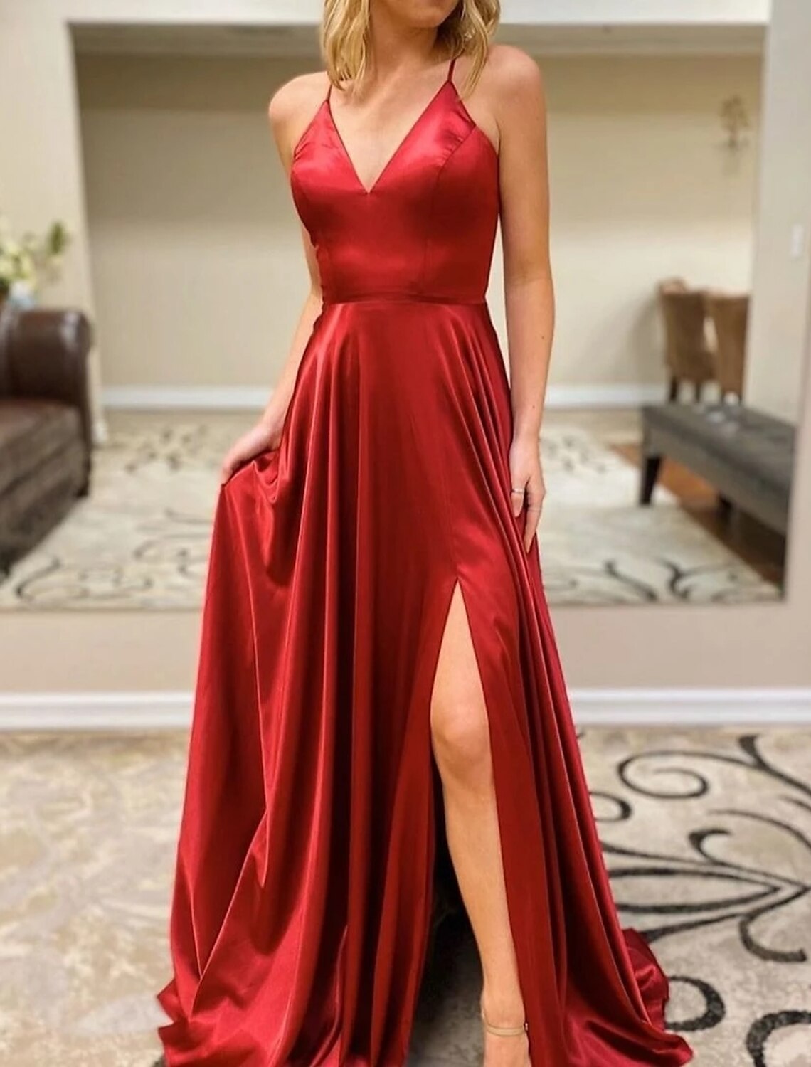 wholesale  A-Line Prom Dresses Sexy Dress Formal Sweep / Brush Train Sleeveless V Neck Imitation Silk Backless with Slit