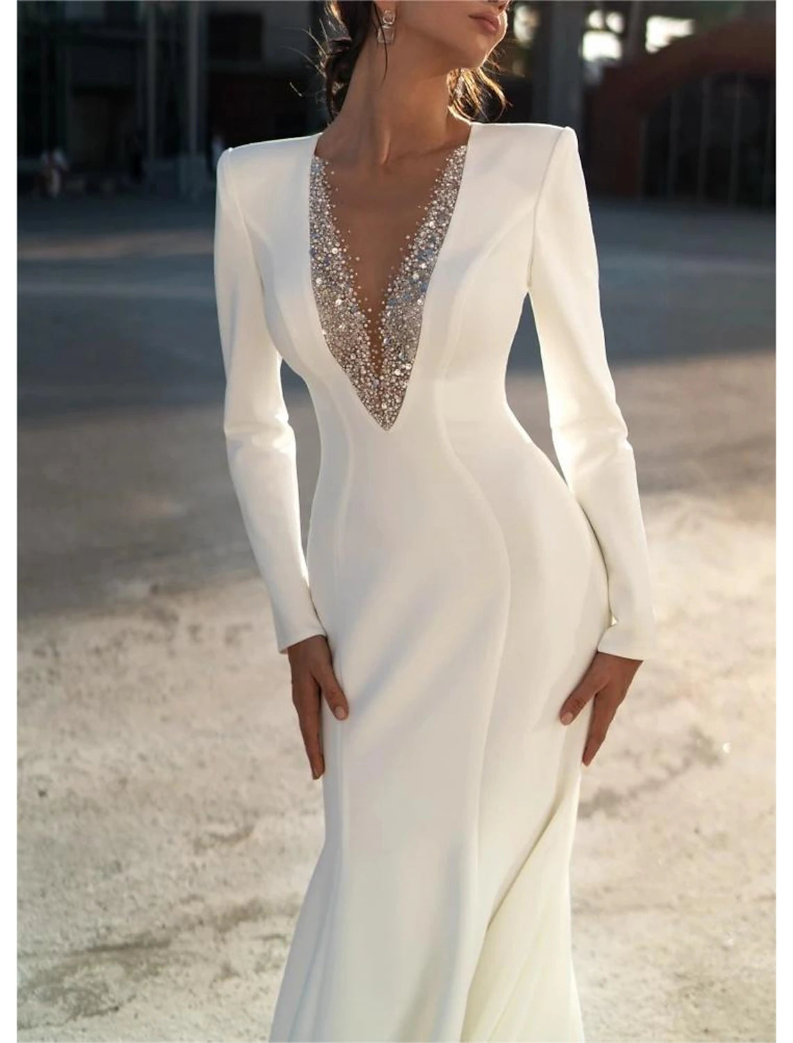 Wholesa Formal Wedding Dresses Mermaid / Trumpet V Neck Long Sleeve Sweep / Brush Train Chiffon Bridal Gowns With Beading Solid Color