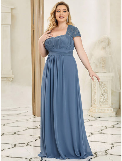 Wholesale A-Line Evening Gown Plus Size Dress Wedding Guest Floor Length Short Sleeve Sweetheart Chiffon with Ruc