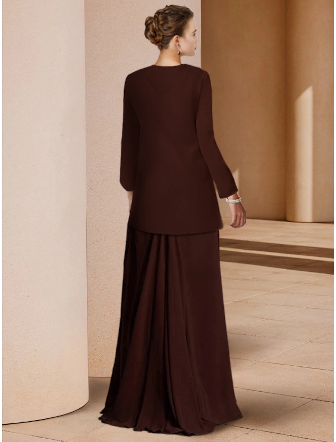 Wholesa  Sheath / Column Mother of the Bride Dress Wedding Guest Elegant Scoop Neck Floor Length Stretch Chiffon Long Sleeve with Sequin Ruching