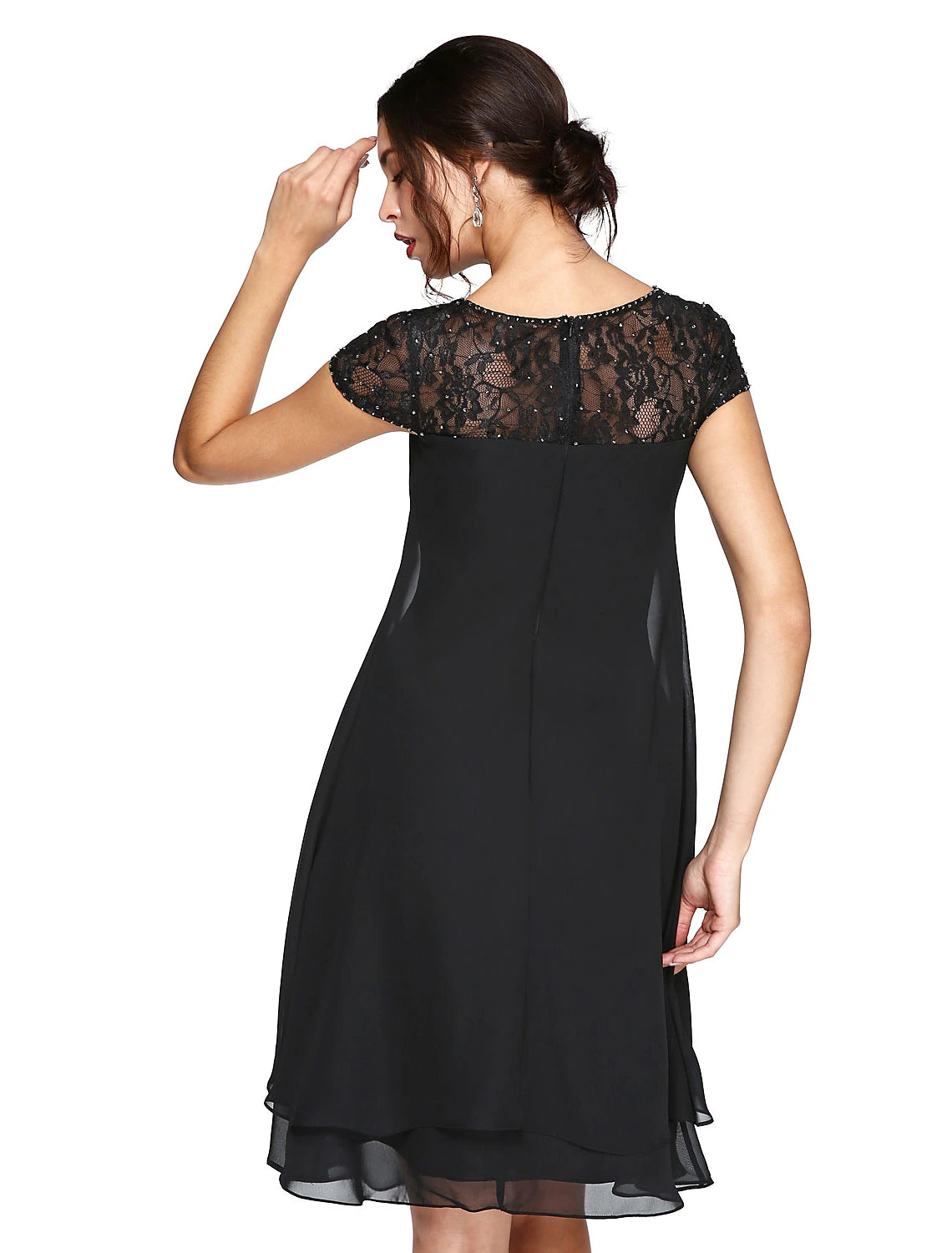 Wholesa A-Line Mother of the Bride Dress Plus Size Elegant Illusion Neck Knee Length Chiffon Lace Short Sleeve with Sequin