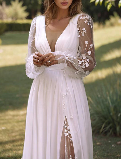 Wholesa Beach Wedding Dresses A-Line V Neck Long Sleeve Floor Length Chiffon Bridal Gowns With Solid Color