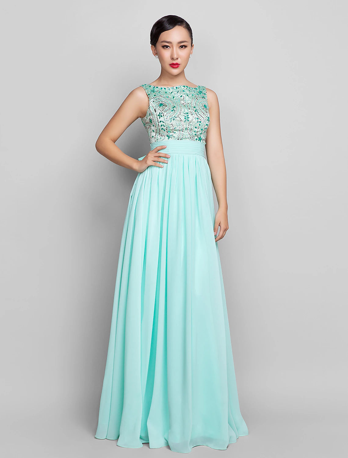 Wholesa  A-Line Beaded & Sequin Holiday Cocktail Party Prom Dress Scoop Neck Sleeveless Floor Length Chiffon with Bow(s) Ruched Beading