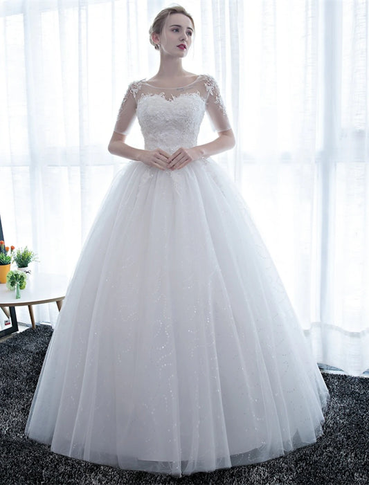 Wholesale Reception Formal Wedding Dresses Ball Gown Illusion Neck Half Sleeve Floor Length Satin Bridal Gowns With Lace 2023 Summer Wedding Party