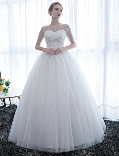 Wholesale Reception Formal Wedding Dresses Ball Gown Illusion Neck Half Sleeve Floor Length Satin Bridal Gowns With Lace Summer Wedding Party