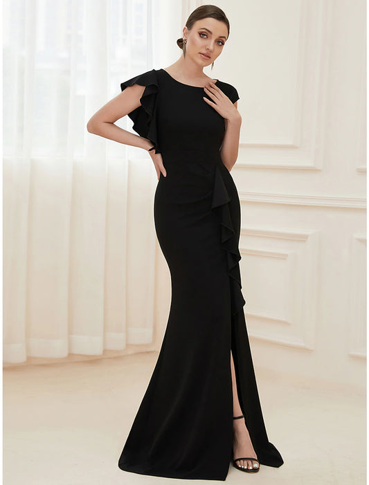 Wholesale Mermaid / Trumpet Evening Gown Vintage Dress Formal Floor Length Short Sleeve Jewel Neck Nylon with Ruffles Slit