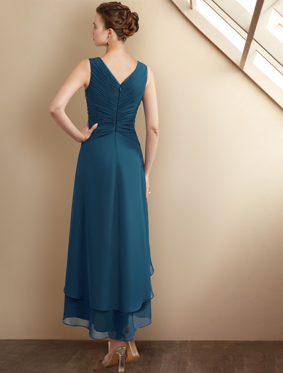 wholesale  A-Line Mother of the Bride Dress Elegant High Low V Neck Asymmetrical Tea Length Chiffon Sleeveless Wrap Included with Beading Cascading Ruffles Side-Draped