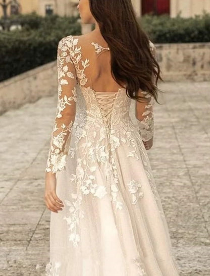 Wholesa Beach Formal Wedding Dresses A-Line V Neck Long Sleeve Sweep / Brush Train Lace Bridal Gowns With Flower Solid Color