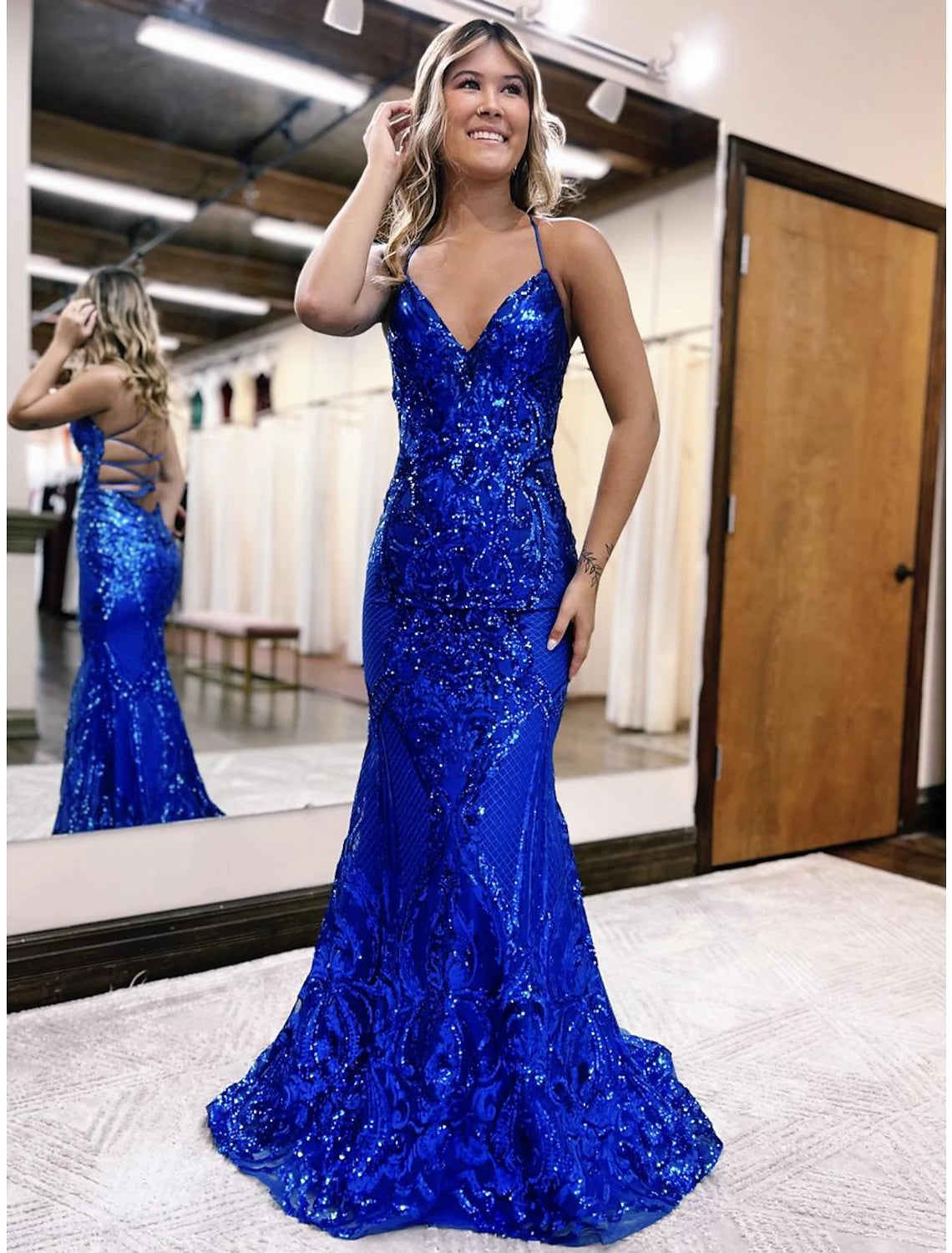 Wholesale Mermaid / Trumpet Prom Dresses Sparkle & Shine Dress Formal Sweep / Brush Train Sleeveless V Neck Sequined Backless with Glitter Sequin