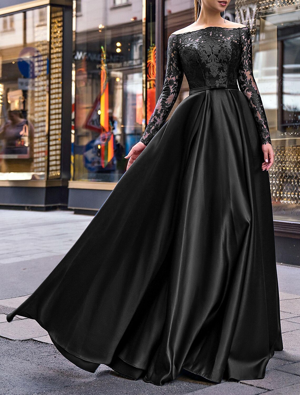 Wholesa A-Line Evening Gown Party Dress Elegant Dress Wedding Guest Fall Floor Length Long Sleeve Off Shoulder Belt / Sash Satin with Appliques