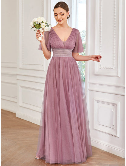 Wholesa A-Line Bridesmaid Dress V Neck Short Sleeve Plus Size Floor Length Tulle with Ruffles / Draping /  Butterfly Sleeve