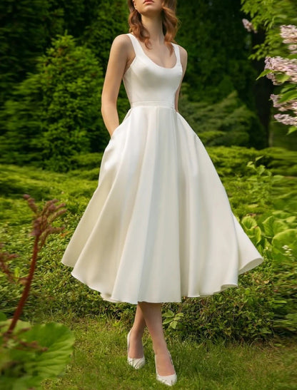 Wholesa Hall Little White Dresses Wedding Dresses A-Line Scoop Neck Sleeveless Tea Length Satin Bridal Gowns With Pleats Solid Color