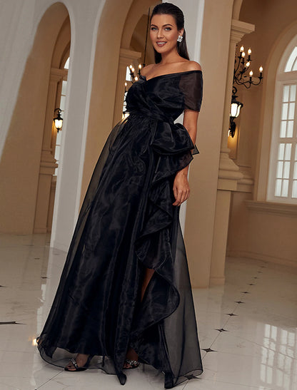 Wholesa A-Line Evening Gown Sexy Dress Formal Wedding Guest Floor Length Short Sleeve Off Shoulder Wednesday Addams Family Polyester with Ruffles Slit