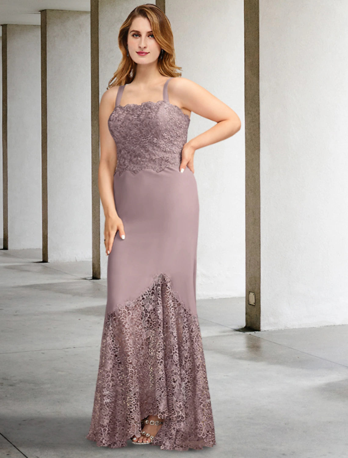 Wholesa  Two Piece A-Line Mother of the Bride Dresses Plus Size Hide Belly Curve Elegant Dress Formal Asymmetrical Sleeveless Square Neck Chiffon with Appliques Splicing