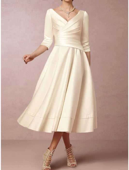 Wholesa A-Line Mother of the Bride Dress Elegant Simple V Neck Tea Length Satin Half Sleeve with Pleats Ruched