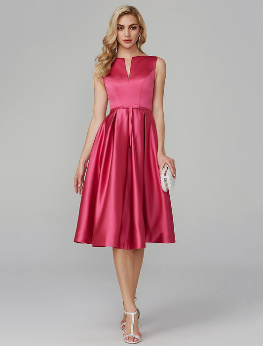 Wholesa A-Line Party Dress Wedding Guest Cocktail Party Knee Length Sleeveless V Wire Pink Dress Satin with Sash / Ribbon