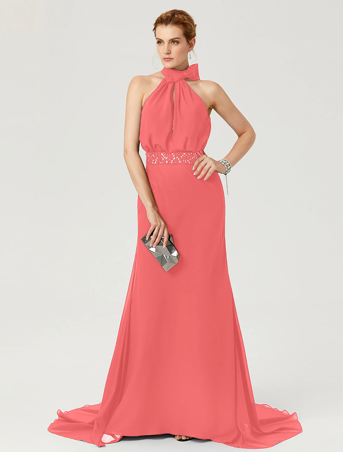 Wholesa Sheath / Column Elegant Holiday Cocktail Party Formal Evening Dress High Neck Sleeveless Court Train Chiffon with Sash / Ribbon Bow(s) Pleats