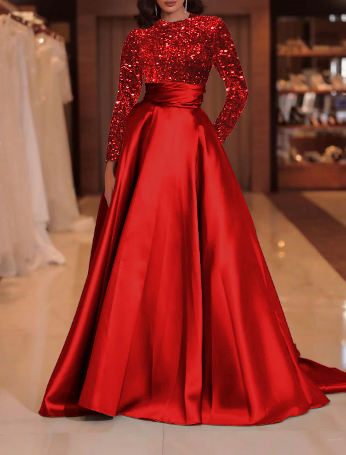 Wholesa A-Line Evening Gown Sparkle Red Green Dress Formal Cocktail Party Court Train Long Sleeve High Neck Fall Wedding Guest Satin with Sequin