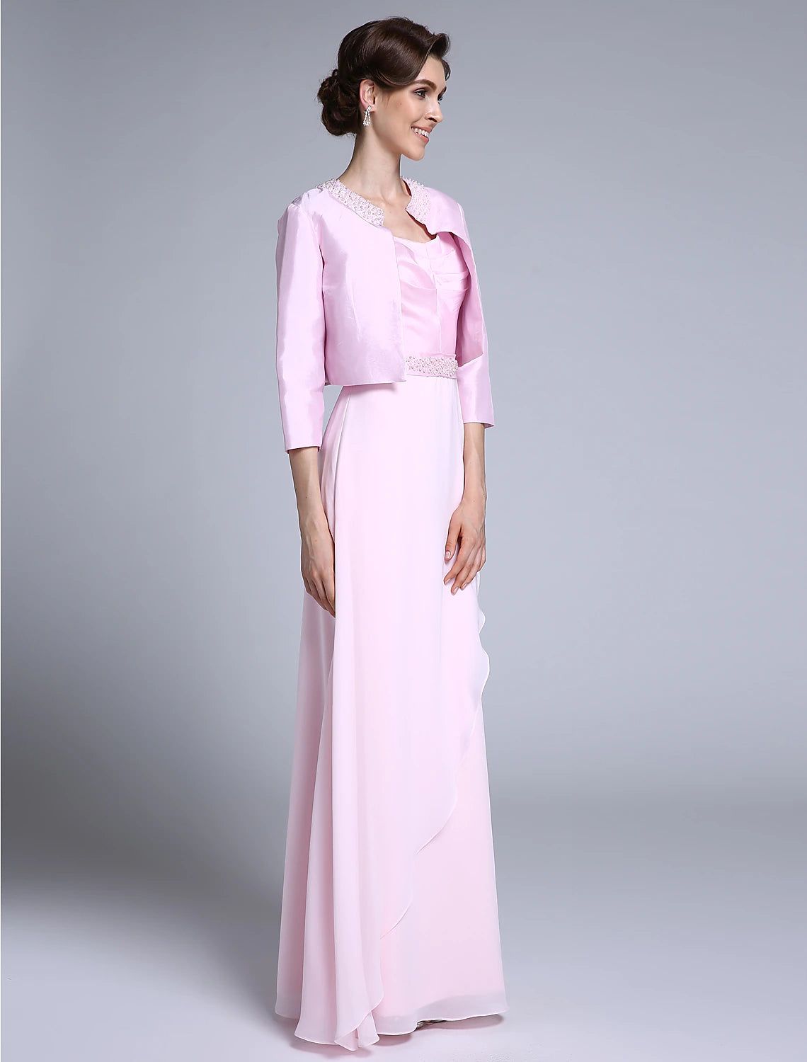 wholesale Sheath / Column Mother of the Bride Dress Scoop Neck Floor Length Chiffon 3/4 Length Sleeve No with Beading