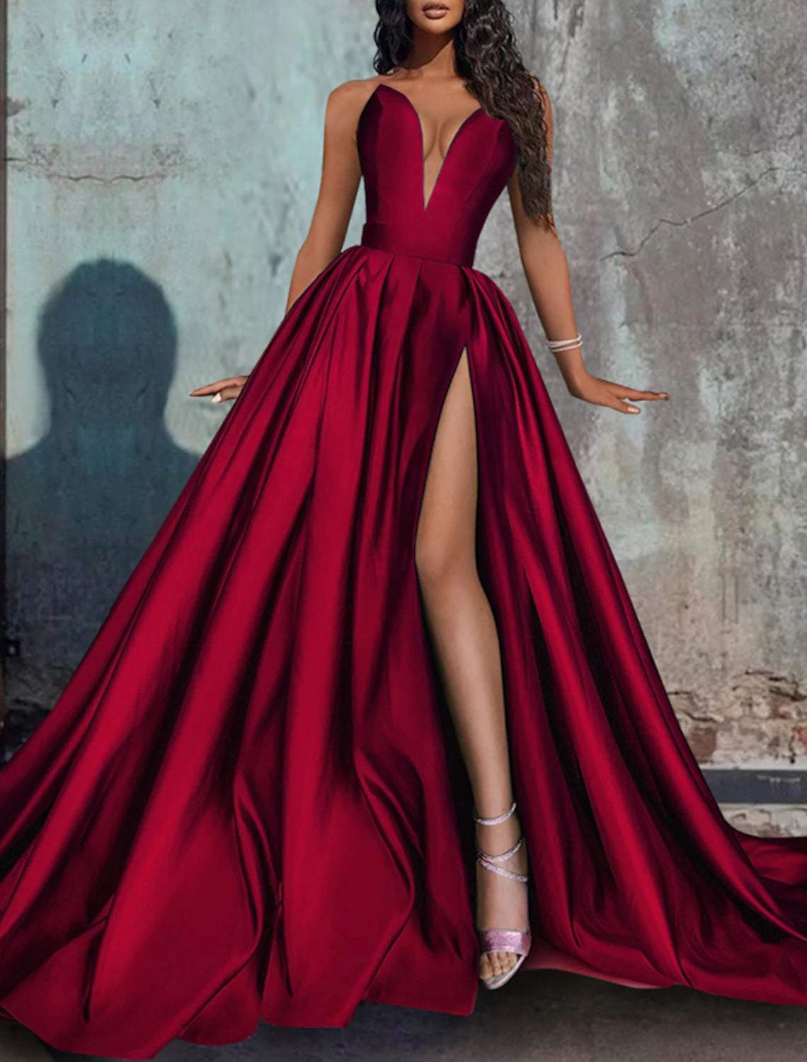 Wholesa A-Line Evening Gown Red Green Dress Formal Wedding Party Court Train Sleeveless Strapless Satin with Pleats Slit