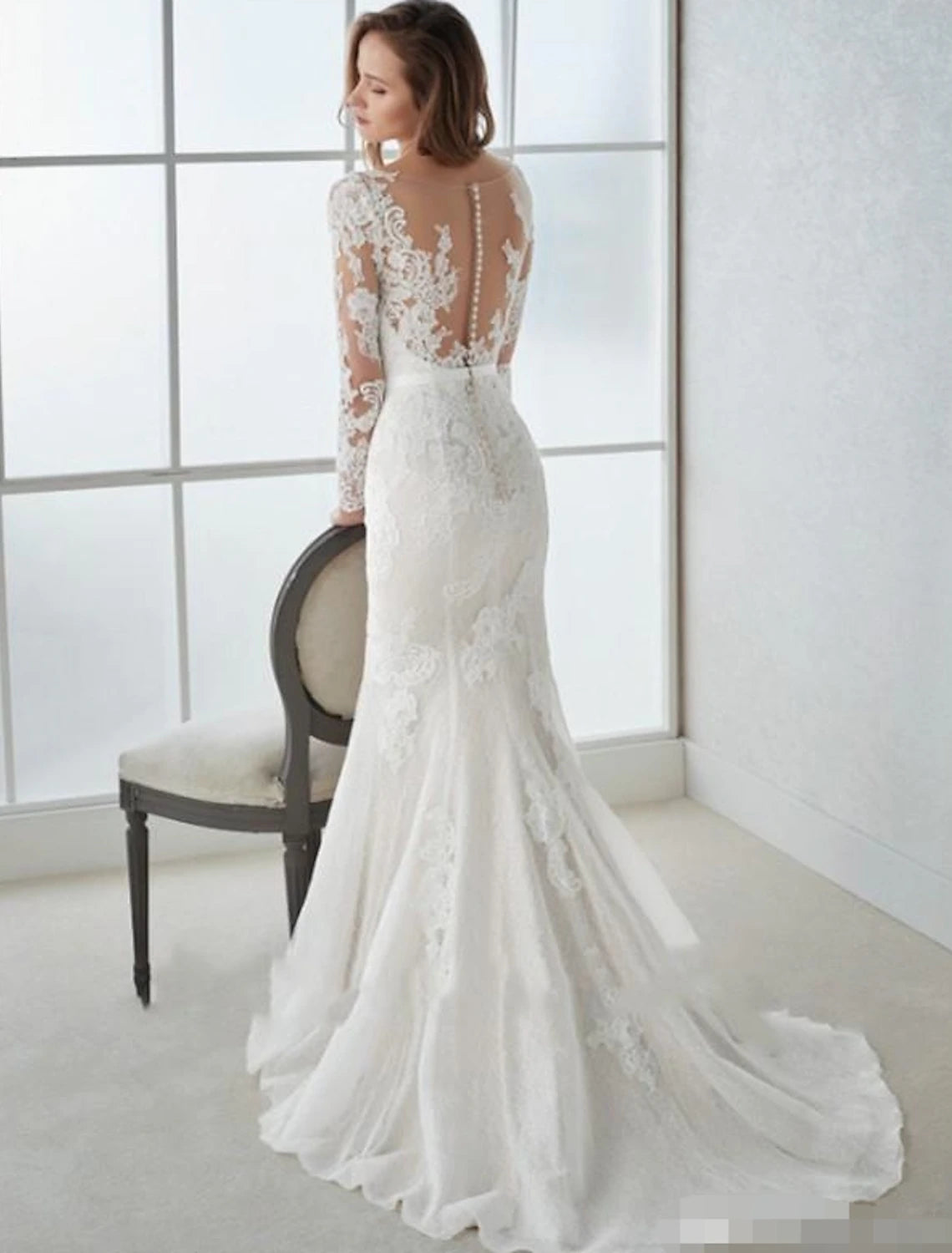 Wholesale Engagement Formal Fall Wedding Dresses Mermaid / Trumpet V Neck Long Sleeve Sweep / Brush Train Lace Open Back Bridal Gowns With Summer Wedding Party