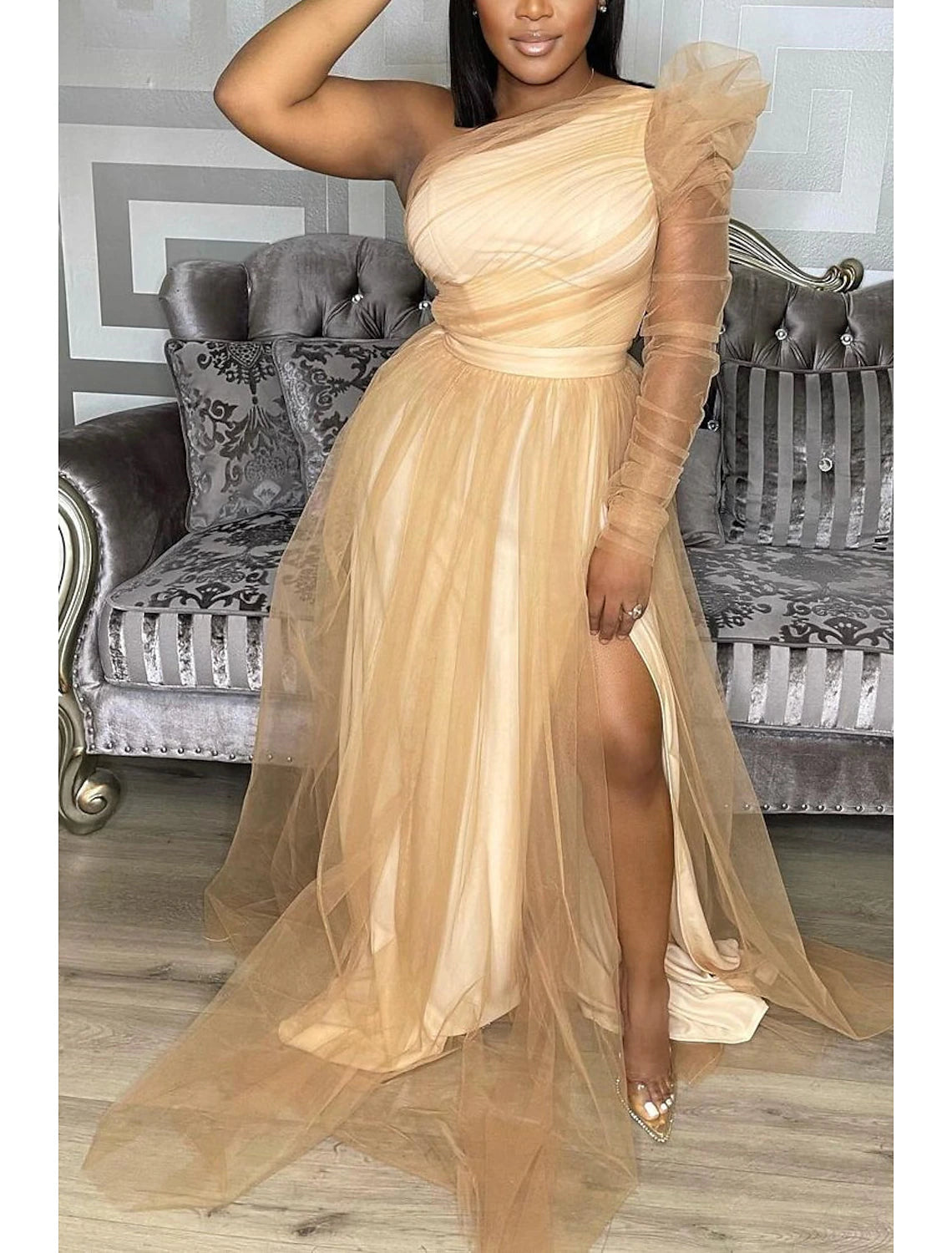 Wholesa A-Line Prom Dresses Plus Size Dress Wedding Guest Formal Evening Sweep / Brush Train Long Sleeve One Shoulder Wednesday Addams Family Tulle with Slit Pure Color