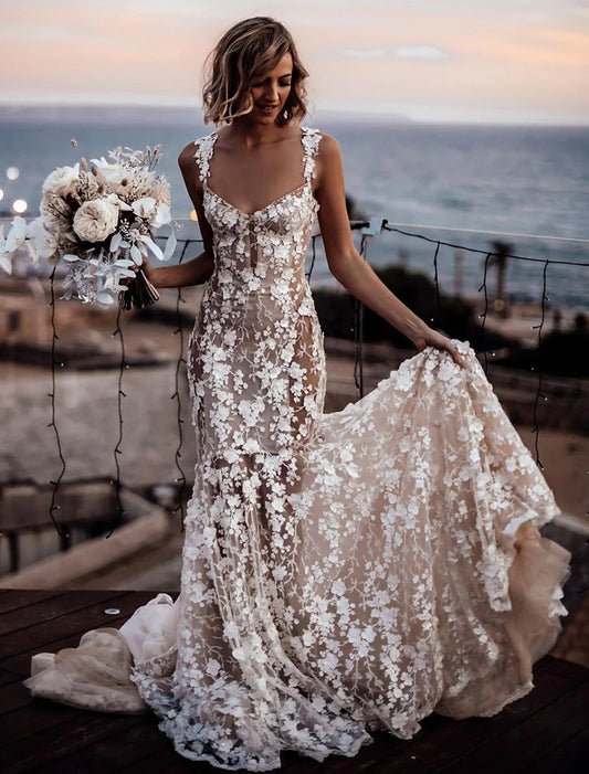 Wholesale Beach Sexy Boho Wedding Dresses Mermaid / Trumpet Sweetheart Regular Straps Court Train Lace Bridal Gowns With Appliques Summer Fall Wedding Party