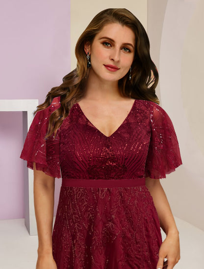 wholesale Mother of the Bride Dresses Plus Size Curve Hide Belly Wedding Guest Elegant Sparkle & Shine V Neck Floor Length Chiffon Lace Sequined Short Sleeve with Pleats Split Front